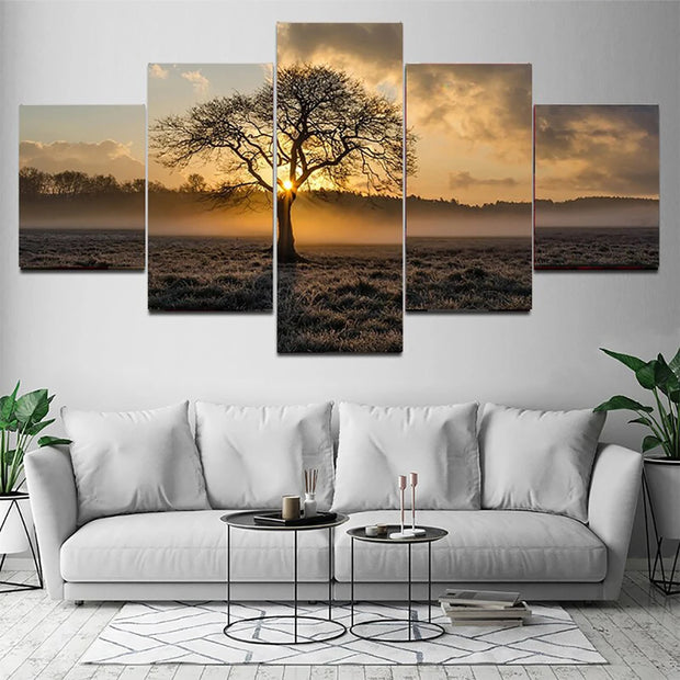 5 Pieces Wall Art Canvas Painting Sunrise Tree Landscape Poster Modern Home Decoration For Living Room Modular Pictures