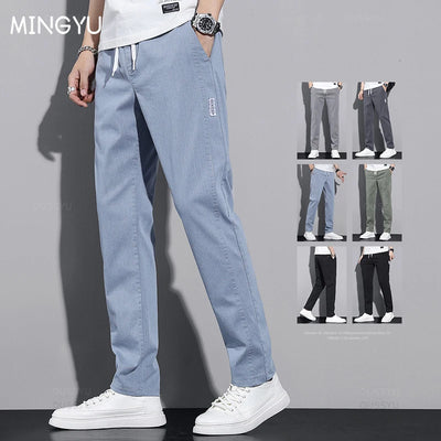 New Spring Summer Cotton Men's Casual Pants Classic Drawstring Elastic Waist Thin Stretch Blue Jogging Work Cargo Trousers Male