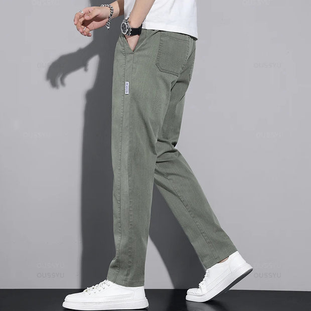 New Spring Summer Cotton Men's Casual Pants Classic Drawstring Elastic Waist Thin Stretch Blue Jogging Work Cargo Trousers Male