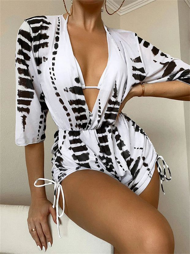 3 pieces Halter Bikini Tropical Print Swimsuit Drawstring Side Swimwear Women Long Sleeve Bathing Suit Female Swimming Beachwear