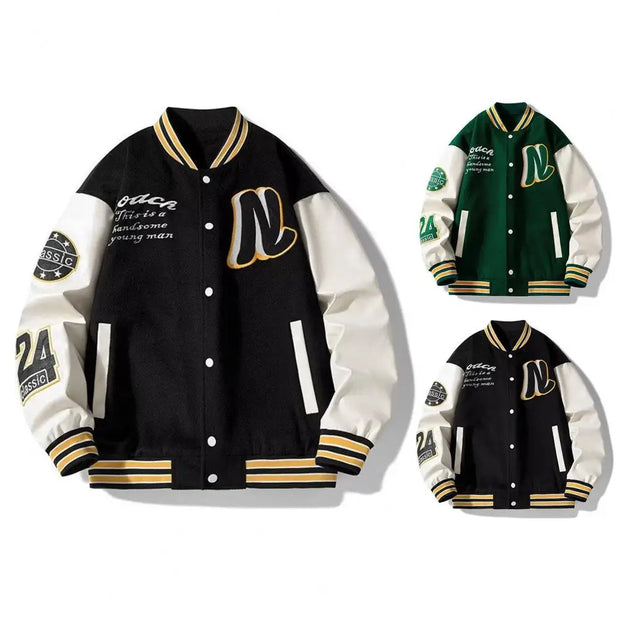 Men Baseball Jacket Men's Stand Collar Striped Letter Pattern Cardigan Baseball Coat with Pockets Loose Long Sleeve Thick