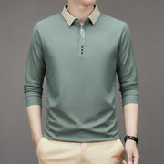 Men's Long Sleeve Turn-down Collar Waffle T-shirt Business Casual Contrast Line Polo Shirt