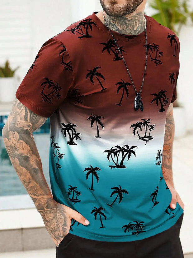 T Shirt For Men Clothing Hawaiian Coconut Tree Pattern Summer Harajuku Short Sleeve Tops Tees  O-Neck Tops Men's Casual T-shirt