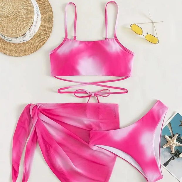 Women's 3 Piece Gradient Tie Dye Bathing Suit Lace Up High Cut Bikini with Beach Skirt