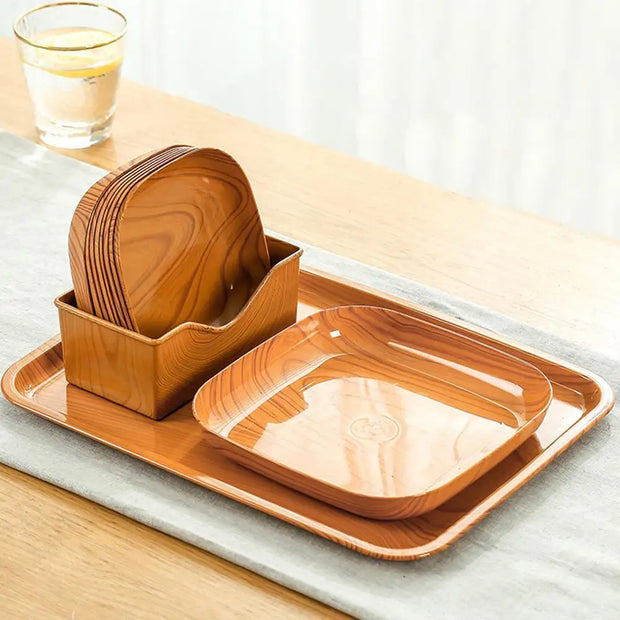 Kitchen Wood Grain Plastic Square Plate Flower Pot Tray Cup Pad Coaster Plate Kitchen Spit Bone Dish Plate Coaster Serving Plate