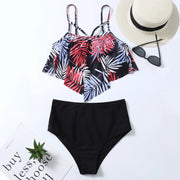 Leaf Print Ruffle Edge Swimwear Spaghetti Straps Swimsuit Summer Vacation Beachwear Tankinis Set High Waist Bikini Set купальник