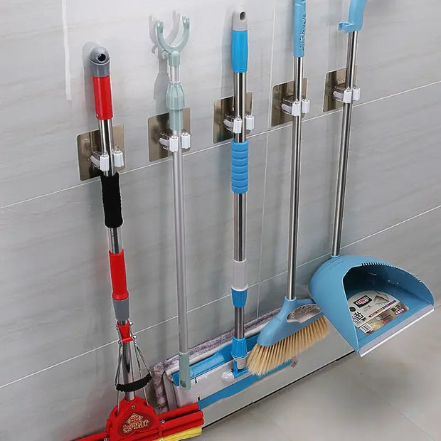 1pcs Punch-free Mop Holder Bathroom Shelf Wall-Mounted Mop Broom Hanger Self Adhesive Hooks Bathroom Storage Home Accessories