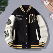 Men Baseball Jacket Men's Stand Collar Striped Letter Pattern Cardigan Baseball Coat with Pockets Loose Long Sleeve Thick