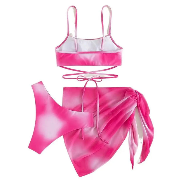 Women's 3 Piece Gradient Tie Dye Bathing Suit Lace Up High Cut Bikini with Beach Skirt