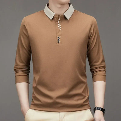 Men's Long Sleeve Turn-down Collar Waffle T-shirt Business Casual Contrast Line Polo Shirt