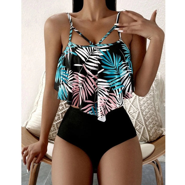 Leaf Print Ruffle Edge Swimwear Spaghetti Straps Swimsuit Summer Vacation Beachwear Tankinis Set High Waist Bikini Set купальник